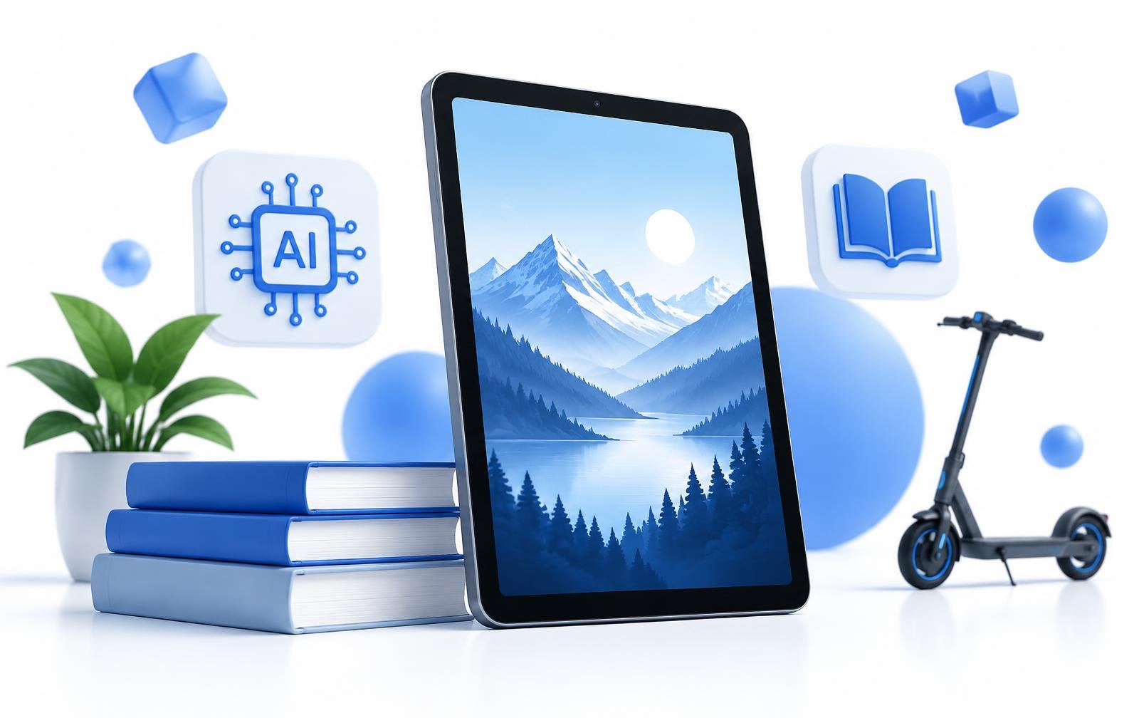 Tablet, ebooks, AI tools and an electric scooter representing digital learning